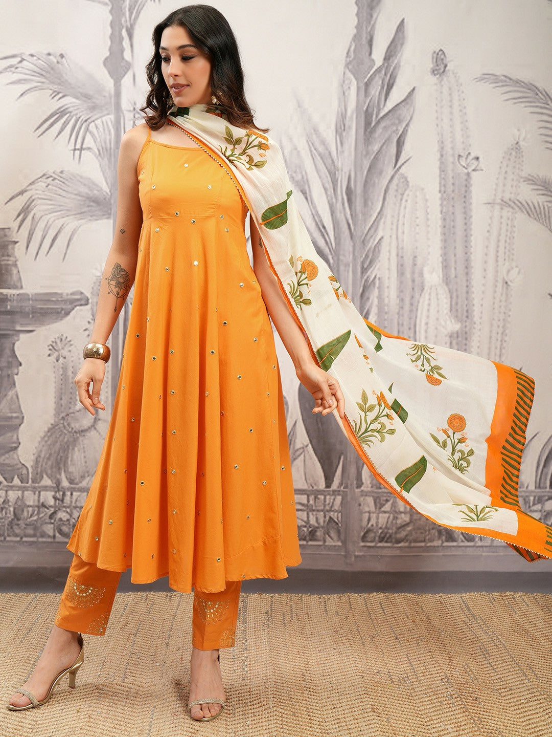 Buy Women Orange & Cream Embroidered Mirror Work Kurta Set with Trousers & Dupatta - Pure Cotton | Indiaista.com