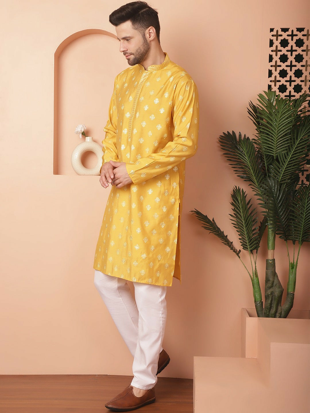 Buy Mustard Yellow Ethnic Motif Printed Kurta Set for Men - Indiaista