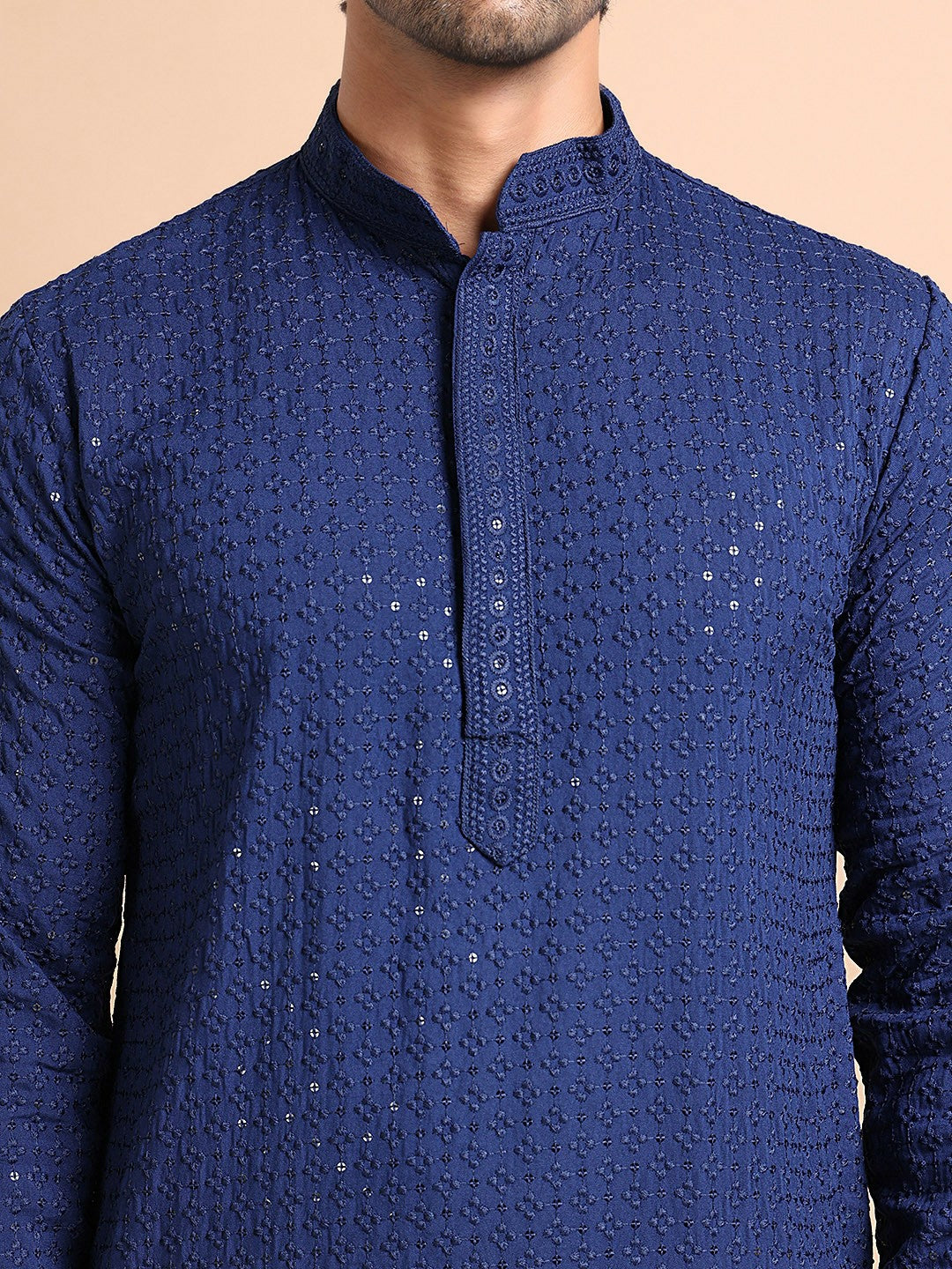 Men's Navy Blue Floral Embroidered Cotton Kurta Set with Pyjama – Elegant & Comfortable