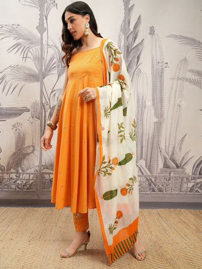 Buy Women Orange & Cream Embroidered Mirror Work Kurta Set with Trousers & Dupatta - Pure Cotton | Indiaista.com