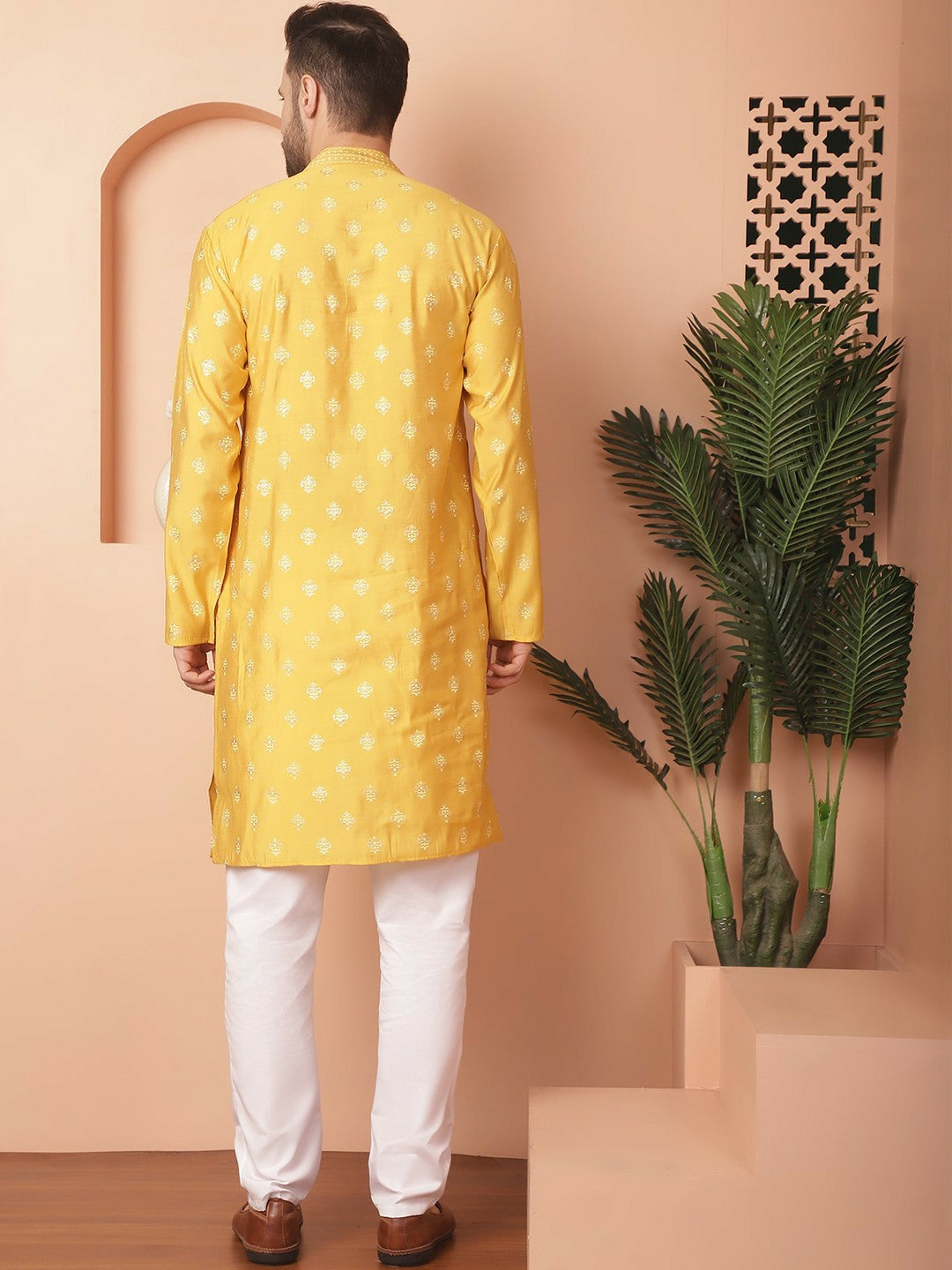 Buy Mustard Yellow Ethnic Motif Printed Kurta Set for Men - Indiaista