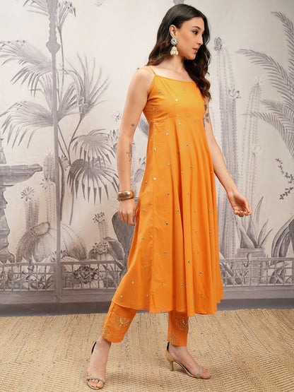 Buy Women Orange & Cream Embroidered Mirror Work Kurta Set with Trousers & Dupatta - Pure Cotton | Indiaista.com