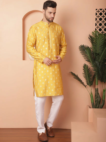 Buy Mustard Yellow Ethnic Motif Printed Kurta Set for Men - Indiaista