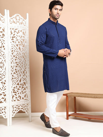 Men's Navy Blue Floral Embroidered Cotton Kurta Set with Pyjama – Elegant & Comfortable