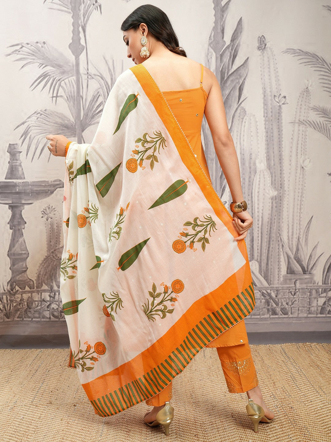 Buy Women Orange & Cream Embroidered Mirror Work Kurta Set with Trousers & Dupatta - Pure Cotton | Indiaista.com