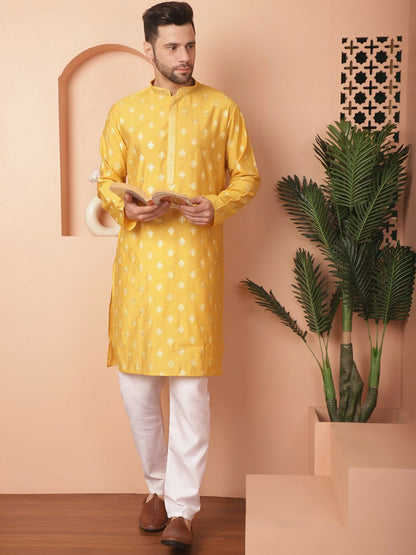 Buy Mustard Yellow Ethnic Motif Printed Kurta Set for Men - Indiaista