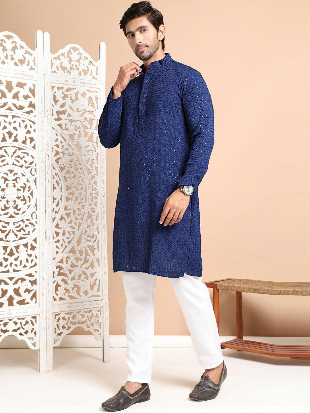 Men's Navy Blue Floral Embroidered Cotton Kurta Set with Pyjama – Elegant & Comfortable