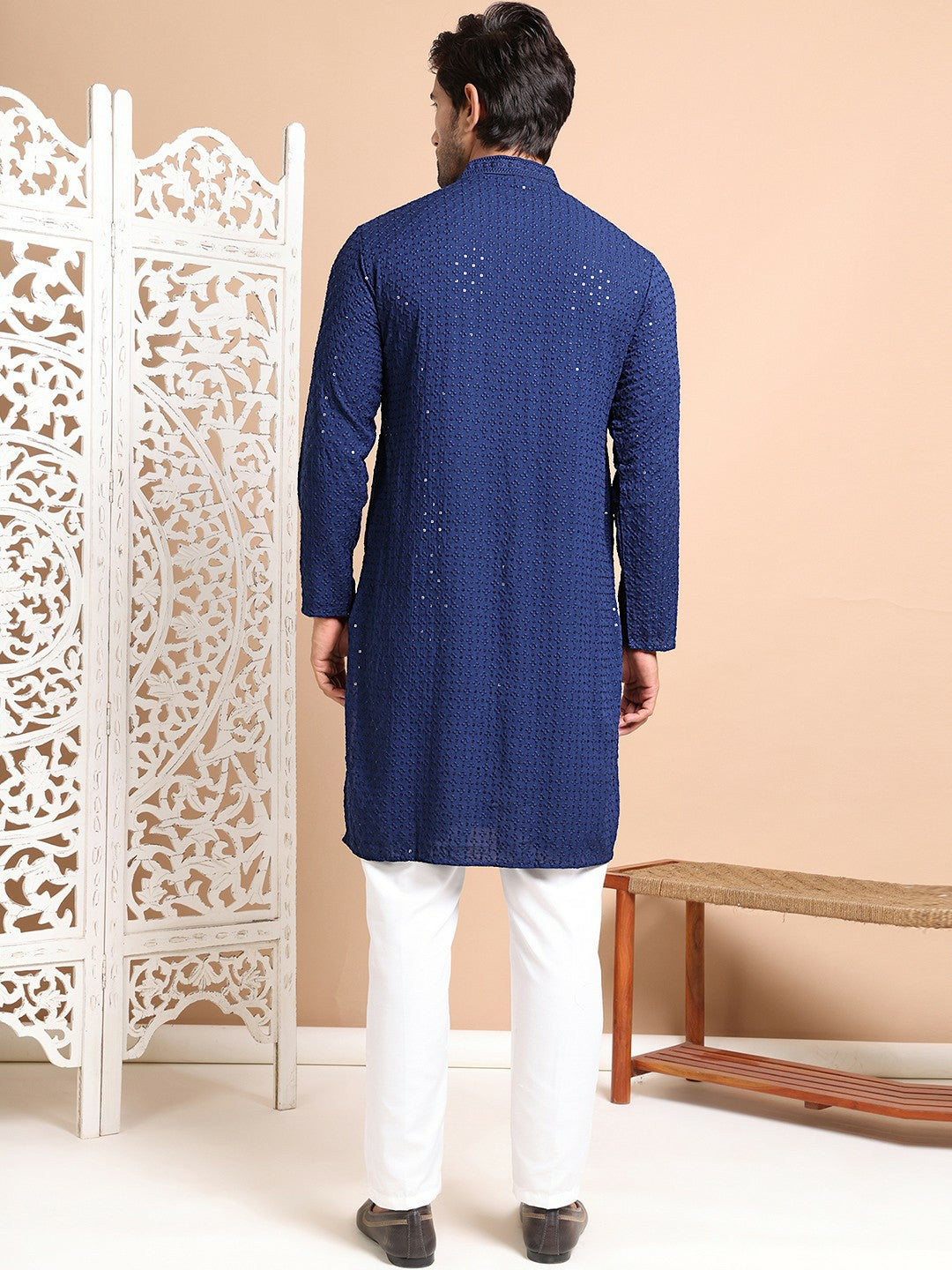 Men's Navy Blue Floral Embroidered Cotton Kurta Set with Pyjama – Elegant & Comfortable