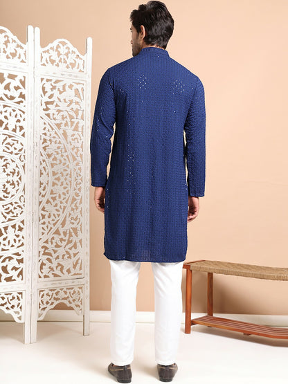 Men's Navy Blue Floral Embroidered Cotton Kurta Set with Pyjama – Elegant & Comfortable