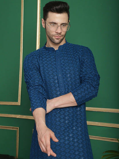 Men Teal Blue Ethnic Motifs Embroidered Kurta Set with Pyjamas - Sequinned Detail, Mandarin Collar