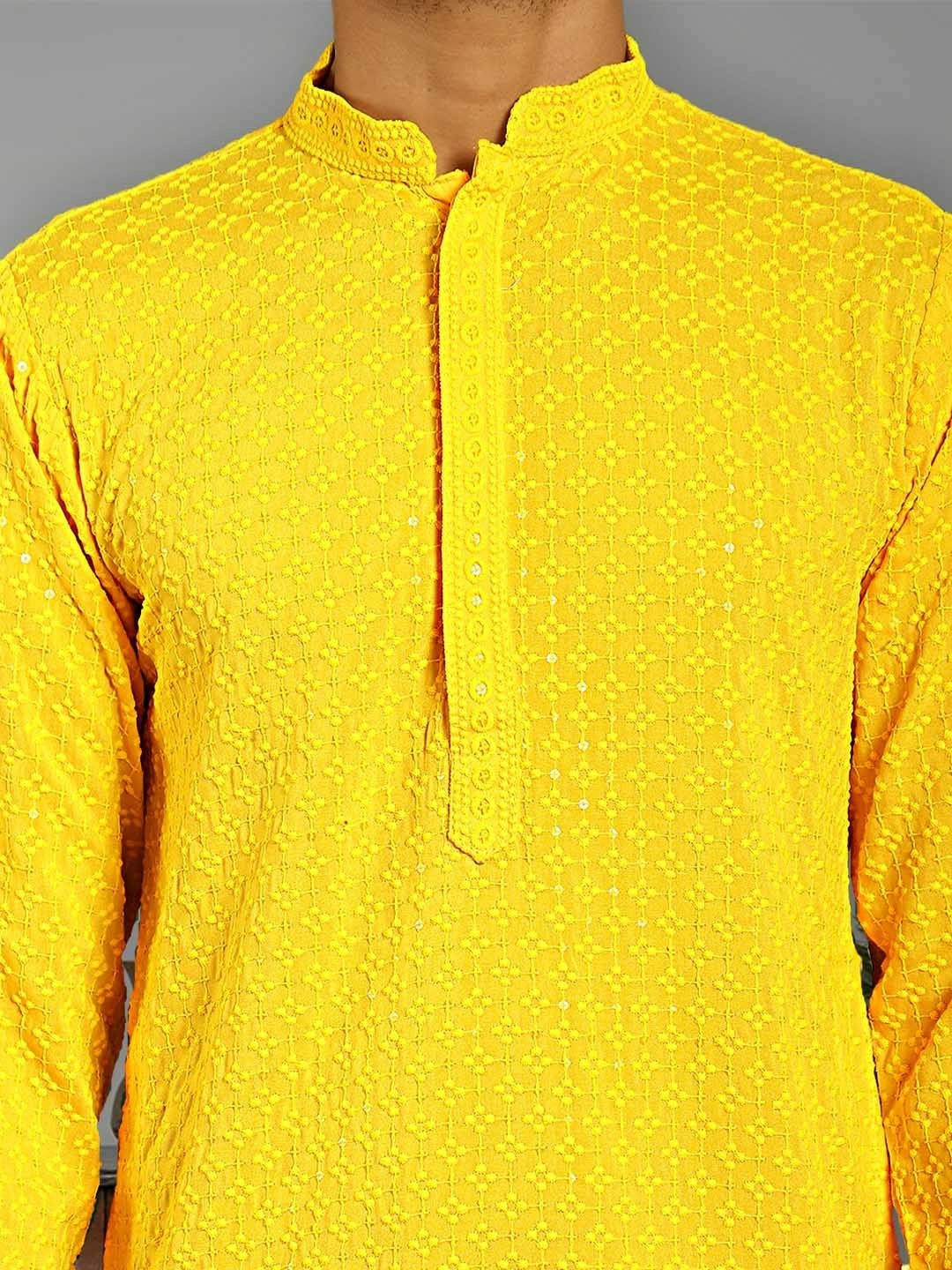 Men Floral Embroidered Yellow Kurta Set with Pyjamas – Pure Cotton, Mandarin Collar | Indiaista