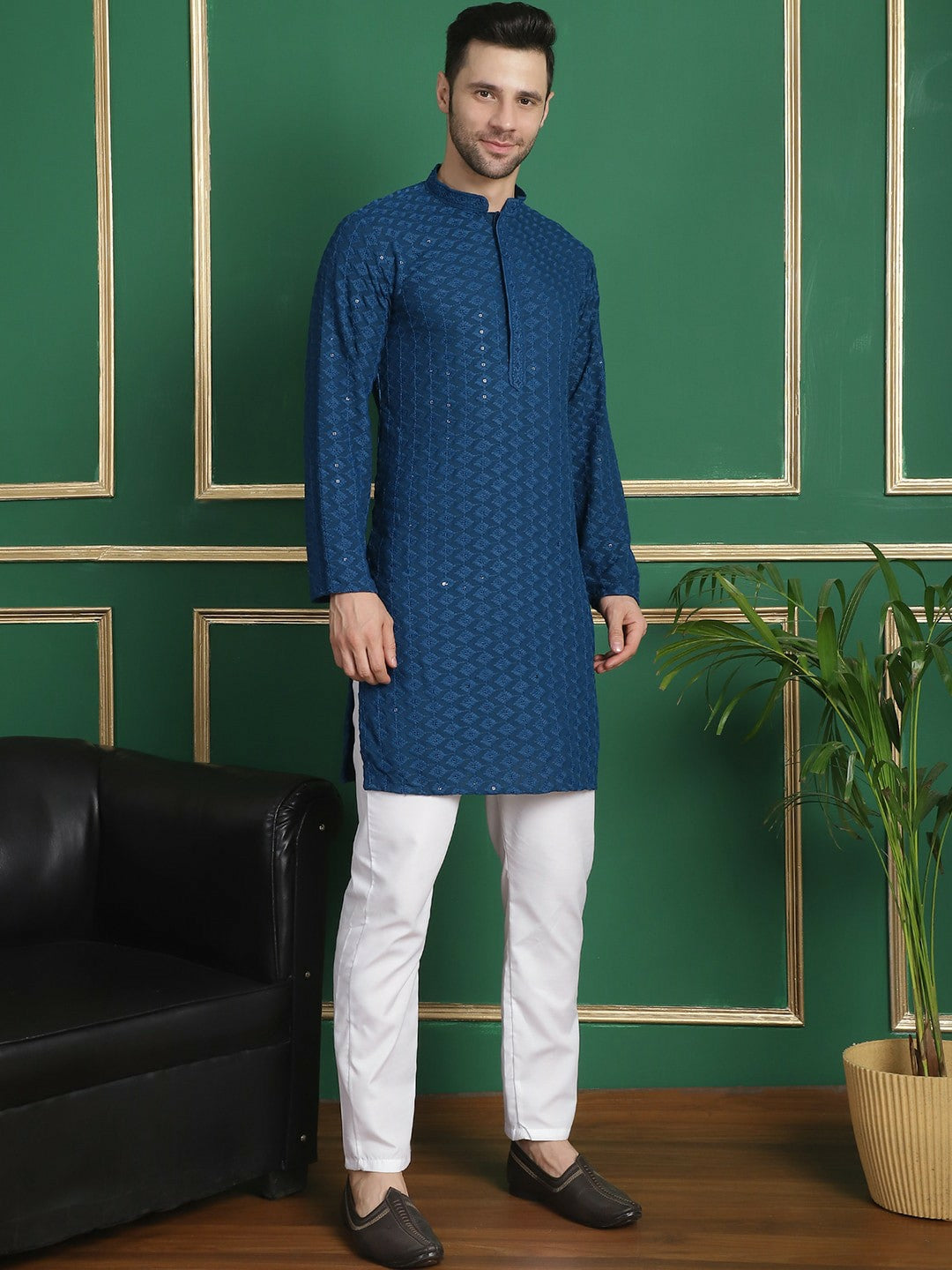 Men Teal Blue Ethnic Motifs Embroidered Kurta Set with Pyjamas - Sequinned Detail, Mandarin Collar