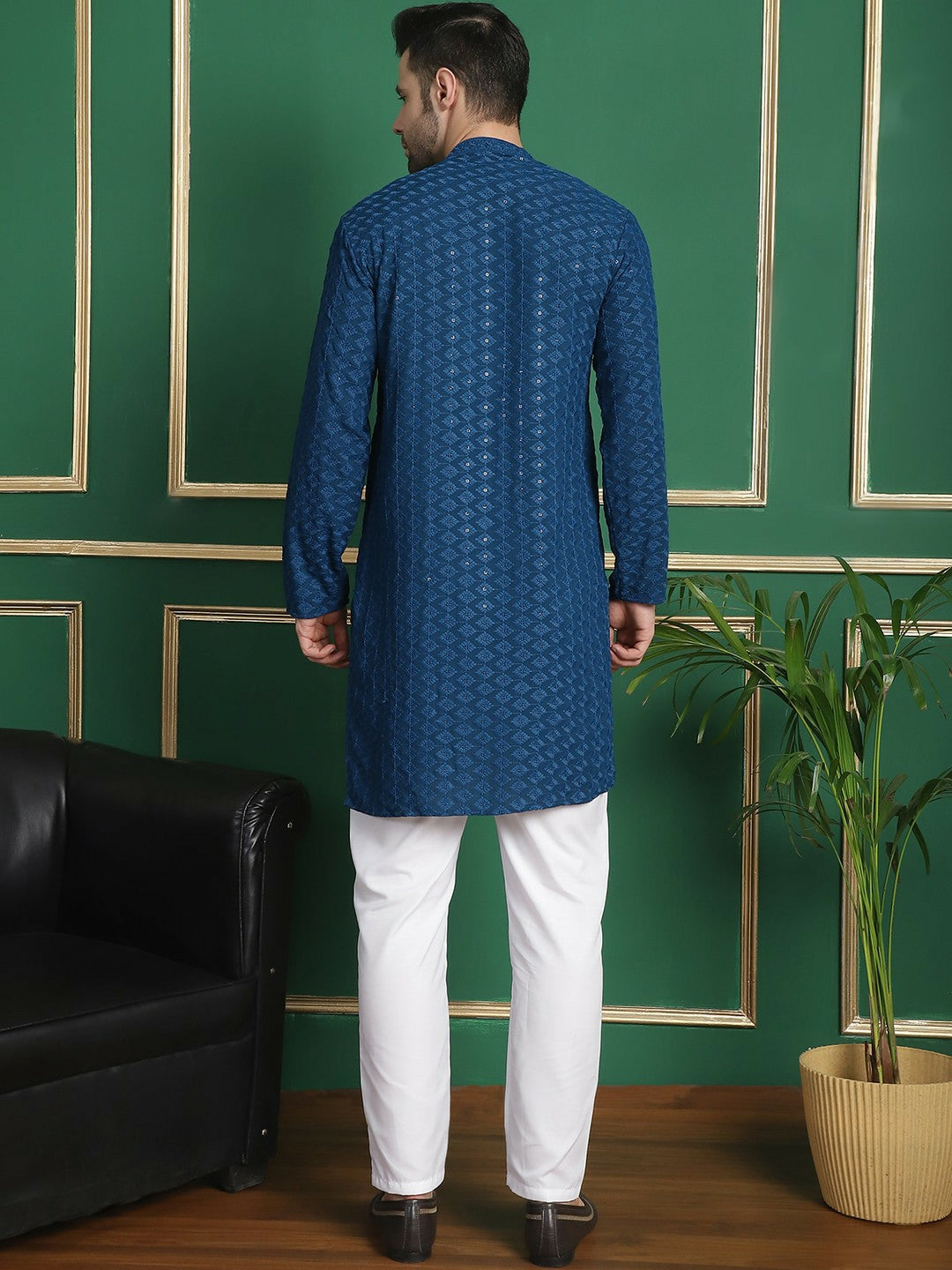 Men Teal Blue Ethnic Motifs Embroidered Kurta Set with Pyjamas - Sequinned Detail, Mandarin Collar