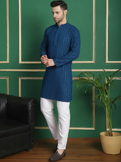 Men Teal Blue Ethnic Motifs Embroidered Kurta Set with Pyjamas - Sequinned Detail, Mandarin Collar