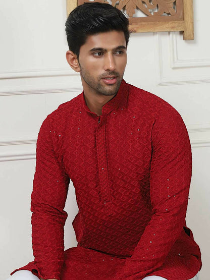 Men Maroon & White Ethnic Motif Embroidered Band Collar Kurta Set with Pyjamas - Indiaista