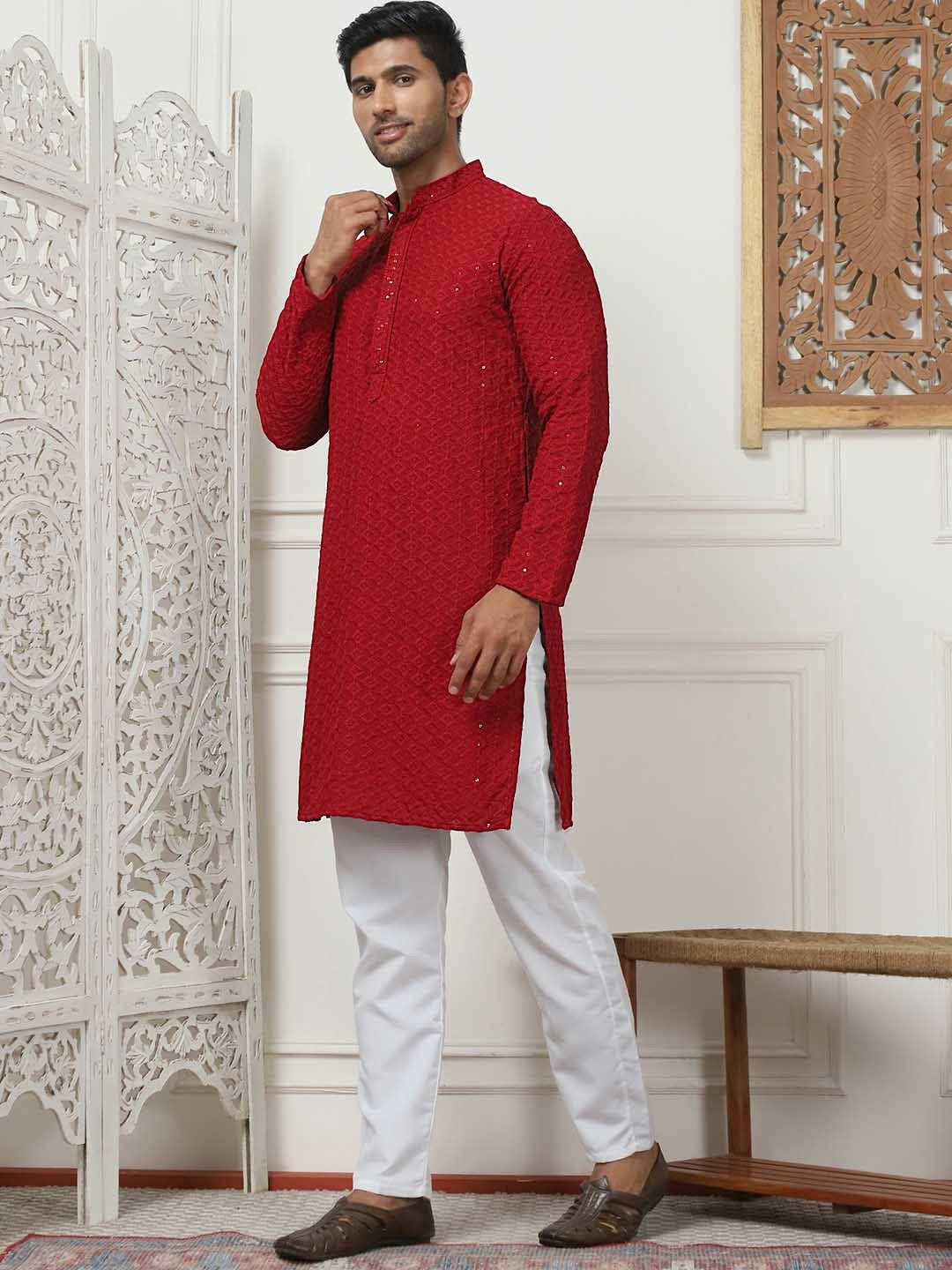 Men Maroon & White Ethnic Motif Embroidered Band Collar Kurta Set with Pyjamas - Indiaista