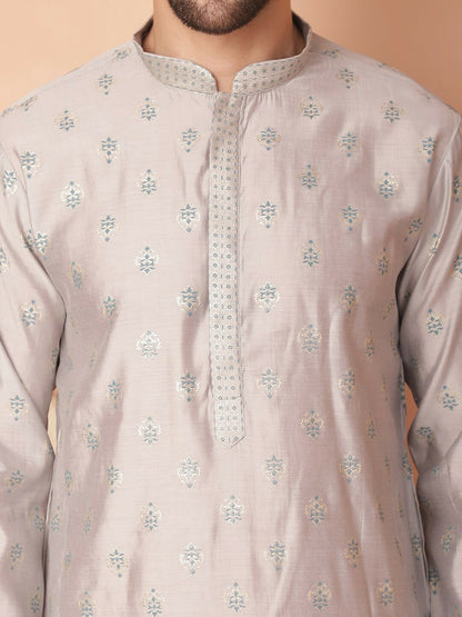 Buy Floral Printed Mandarin Collar Kurta with Pyjamas – Grey Kurta Set for Men | Indiaista