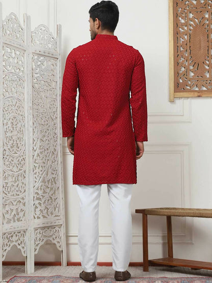 Men Maroon & White Ethnic Motif Embroidered Band Collar Kurta Set with Pyjamas - Indiaista