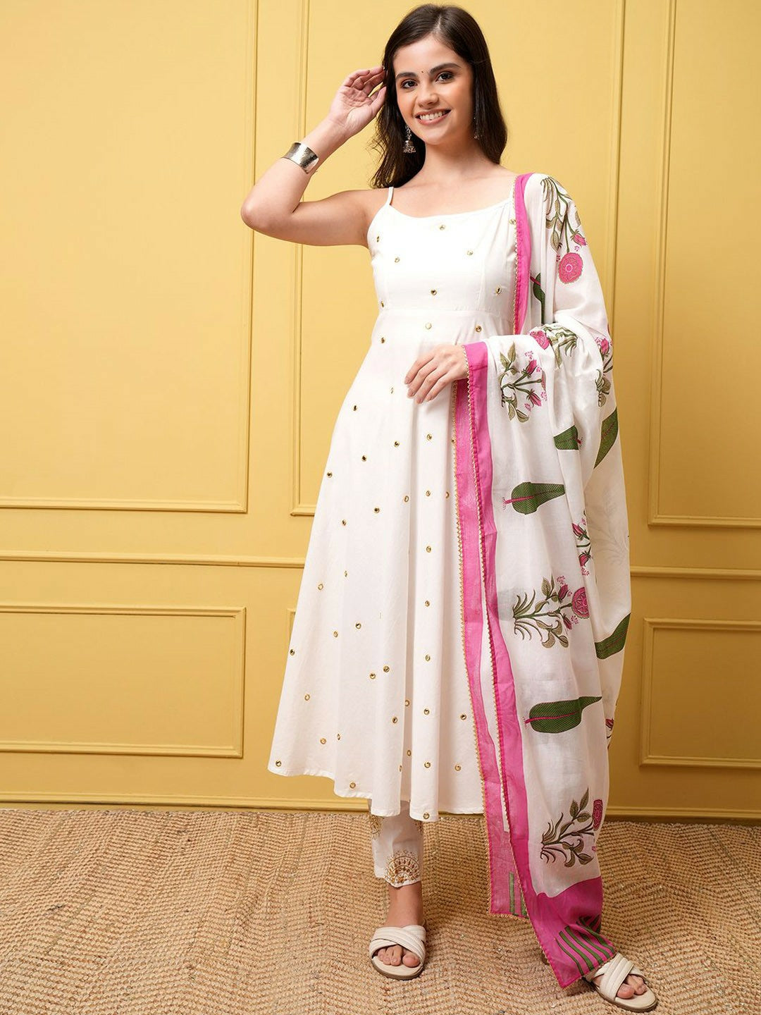 Women’s White Floral Embroidered Pure Cotton Kurta Set with Trousers & Dupatta - Anarkali Style | Indiaista