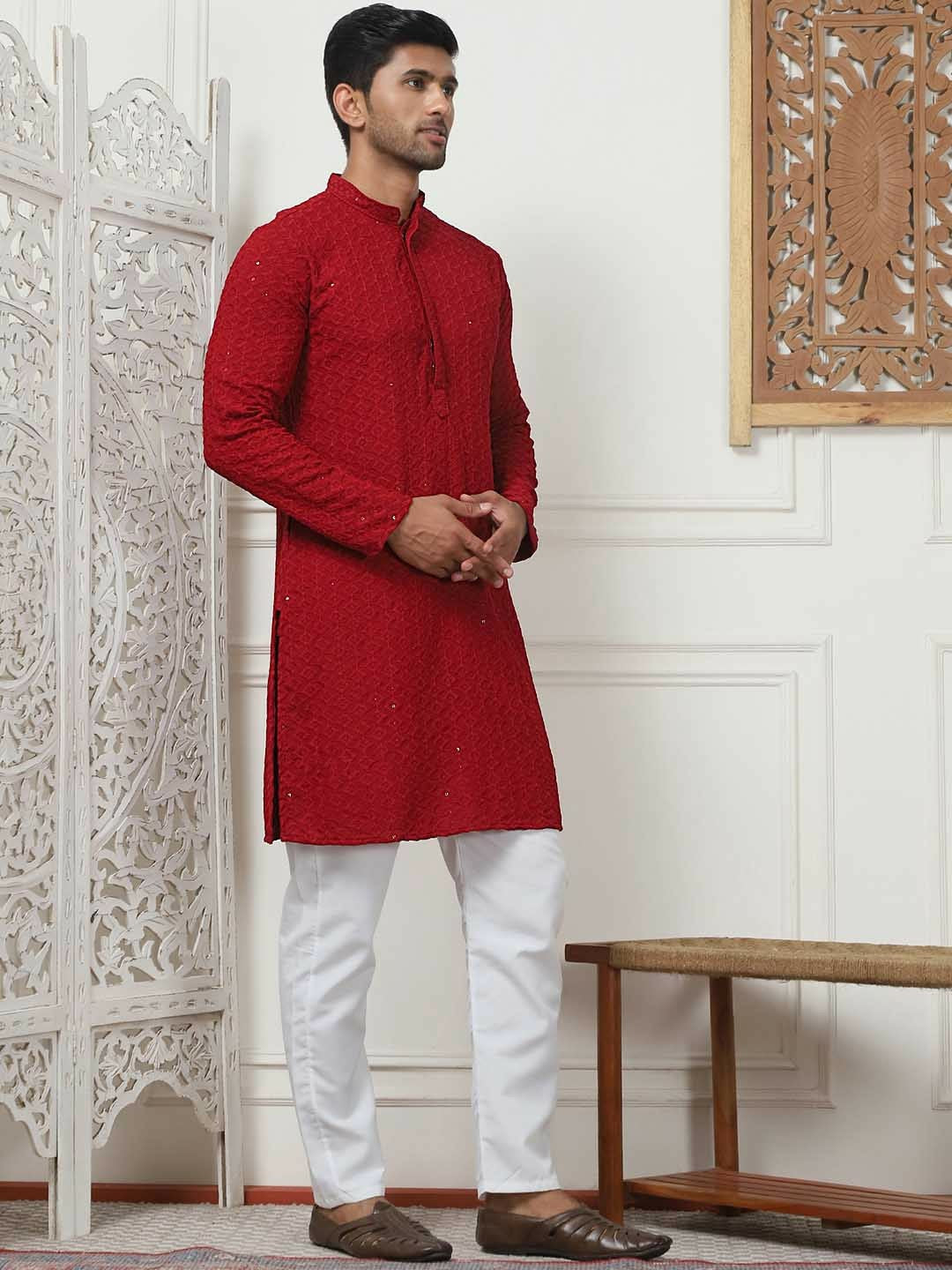 Men Maroon & White Ethnic Motif Embroidered Band Collar Kurta Set with Pyjamas - Indiaista