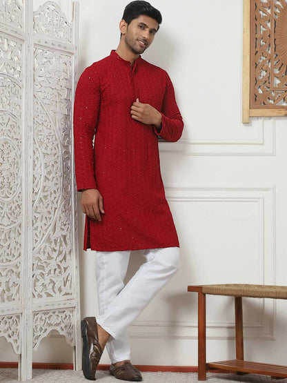 Men Maroon & White Ethnic Motif Embroidered Band Collar Kurta Set with Pyjamas - Indiaista