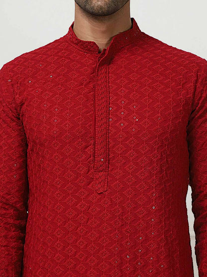 Men Maroon & White Ethnic Motif Embroidered Band Collar Kurta Set with Pyjamas - Indiaista