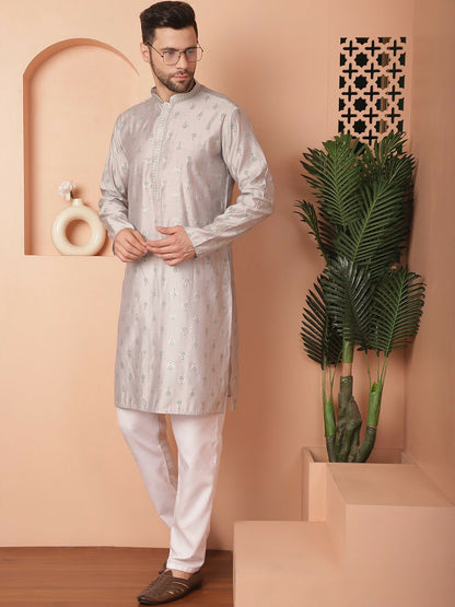 Buy Floral Printed Mandarin Collar Kurta with Pyjamas – Grey Kurta Set for Men | Indiaista