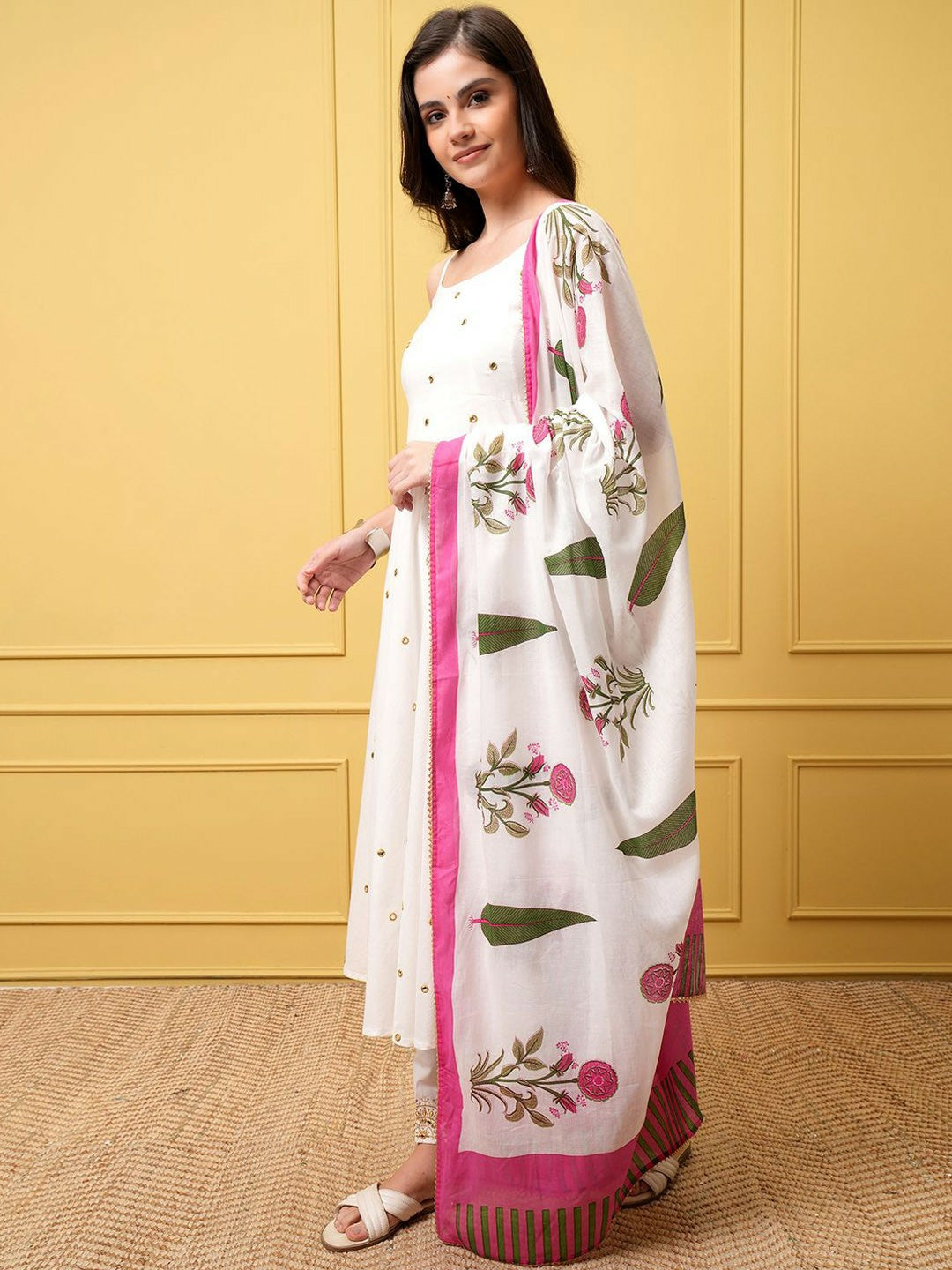 Women’s White Floral Embroidered Pure Cotton Kurta Set with Trousers & Dupatta - Anarkali Style | Indiaista