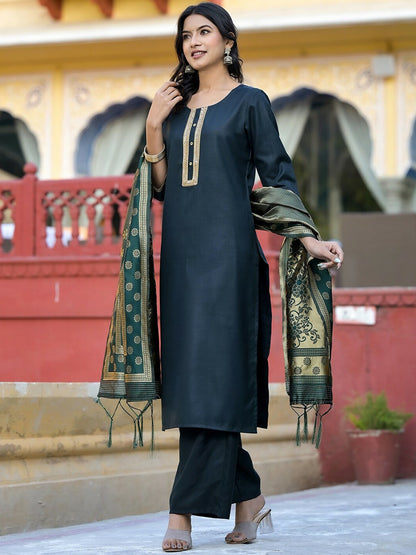 Green & Gold Toned Floral Yoke Kurta with Palazzos & Dupatta - Elegant Ethnic Wear for Women | Indiaista