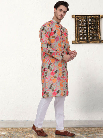 Buy Floral Printed Pure Cotton Kurta Set for Men – Grey, Orange & Green | Indiaista