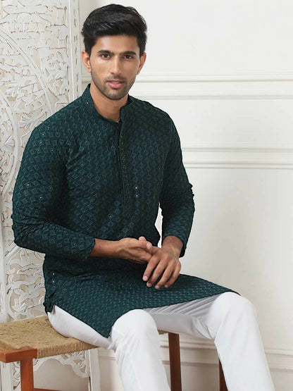 Buy Men’s Green & White Ethnic Motif Embroidered Band Collar Kurta with Pyjamas – Olive Green & Sequinned Detail | Indiaista