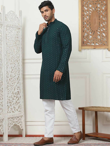 Buy Men’s Green & White Ethnic Motif Embroidered Band Collar Kurta with Pyjamas – Olive Green & Sequinned Detail | Indiaista