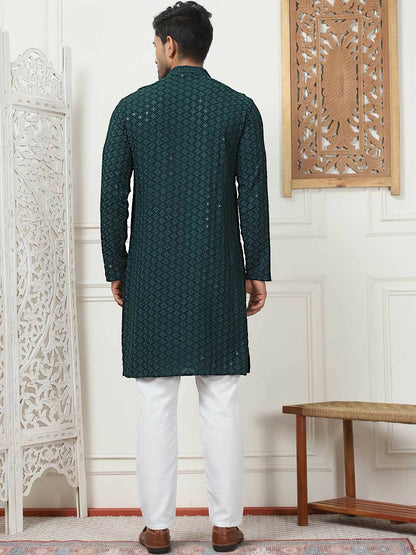 Buy Men’s Green & White Ethnic Motif Embroidered Band Collar Kurta with Pyjamas – Olive Green & Sequinned Detail | Indiaista