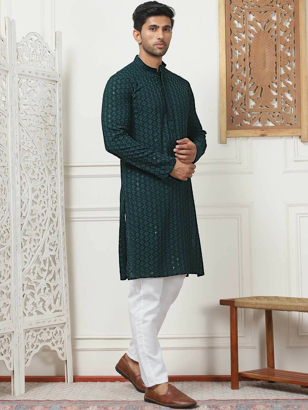 Buy Men’s Green & White Ethnic Motif Embroidered Band Collar Kurta with Pyjamas – Olive Green & Sequinned Detail | Indiaista