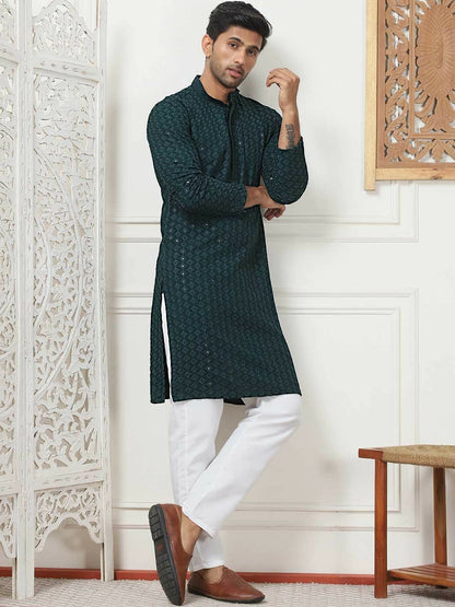 Buy Men’s Green & White Ethnic Motif Embroidered Band Collar Kurta with Pyjamas – Olive Green & Sequinned Detail | Indiaista