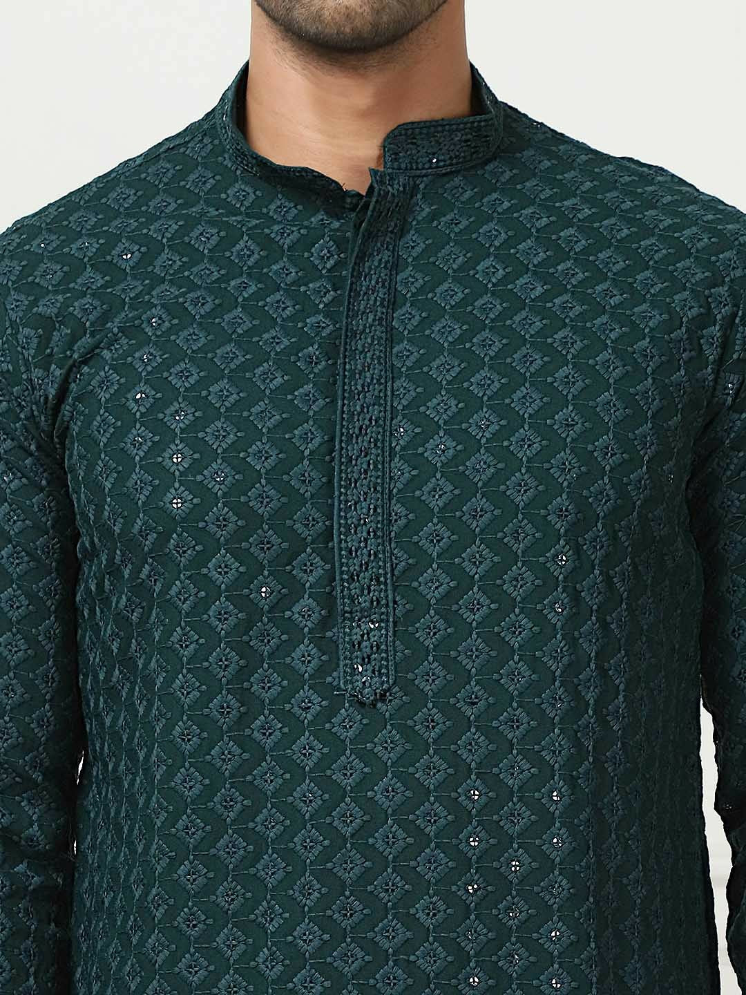 Buy Men’s Green & White Ethnic Motif Embroidered Band Collar Kurta with Pyjamas – Olive Green & Sequinned Detail | Indiaista