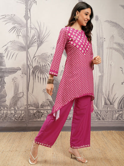 Buy Pink & White Ethnic Motif Printed A-Line Kurta with Palazzos for Women | Stylish & Comfortable | IndiaIsta