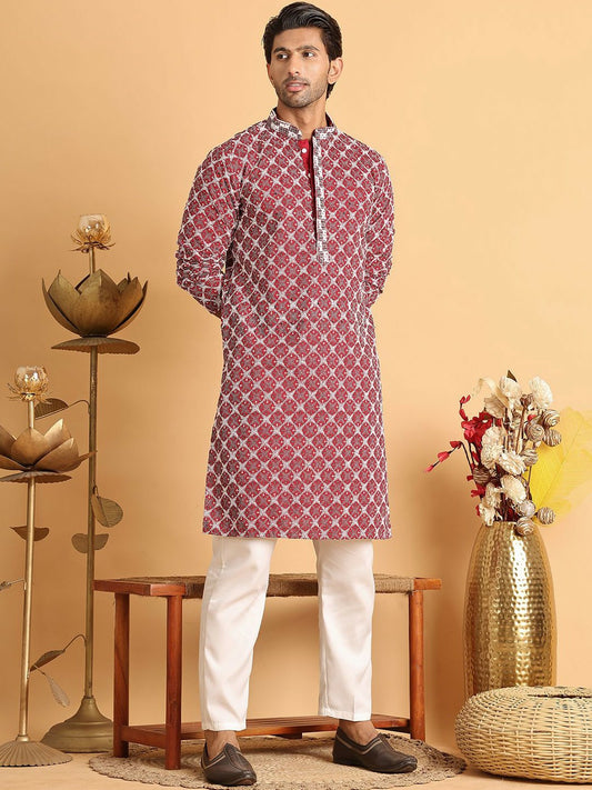 Buy Men’s Floral Embroidered Kurta Set with Pyjamas – Maroon | Indiaista