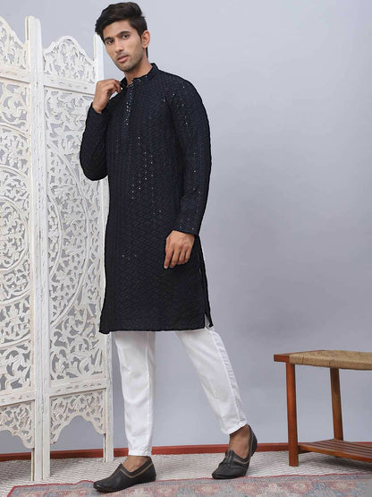 Men Black & White Embroidered Sequinned Kurta Set with Pyjamas - Floral Design, Band Collar, Viscose Rayon