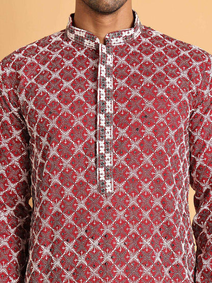 Buy Men’s Floral Embroidered Kurta Set with Pyjamas – Maroon | Indiaista