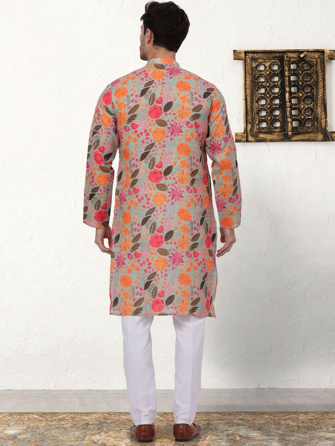 Buy Floral Printed Pure Cotton Kurta Set for Men – Grey, Orange & Green | Indiaista