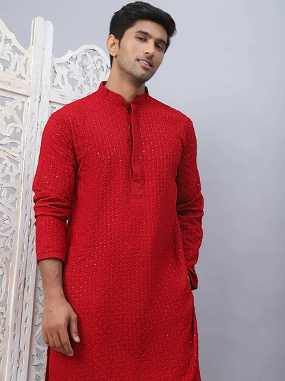 Buy Men’s Maroon Floral Embroidered Kurta Set with Pyjamas | Pure Cotton & Sequinned Detail