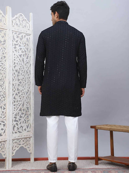 Men Black & White Embroidered Sequinned Kurta Set with Pyjamas - Floral Design, Band Collar, Viscose Rayon