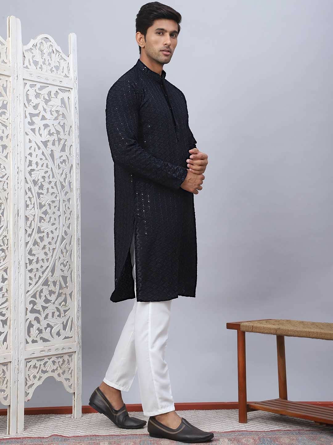 Men Black & White Embroidered Sequinned Kurta Set with Pyjamas - Floral Design, Band Collar, Viscose Rayon