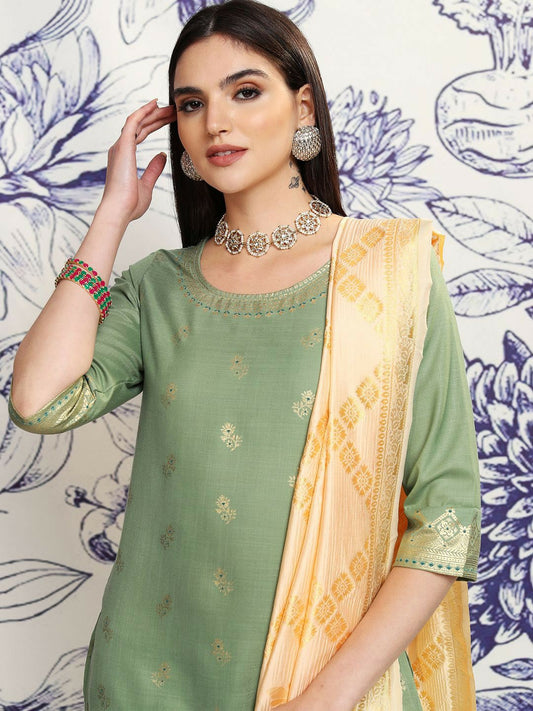 Green Ethnic Motifs Woven Kurta Set with Printed Palazzos & Dupatta - Stylish Women's Outfit | IndiaIsta