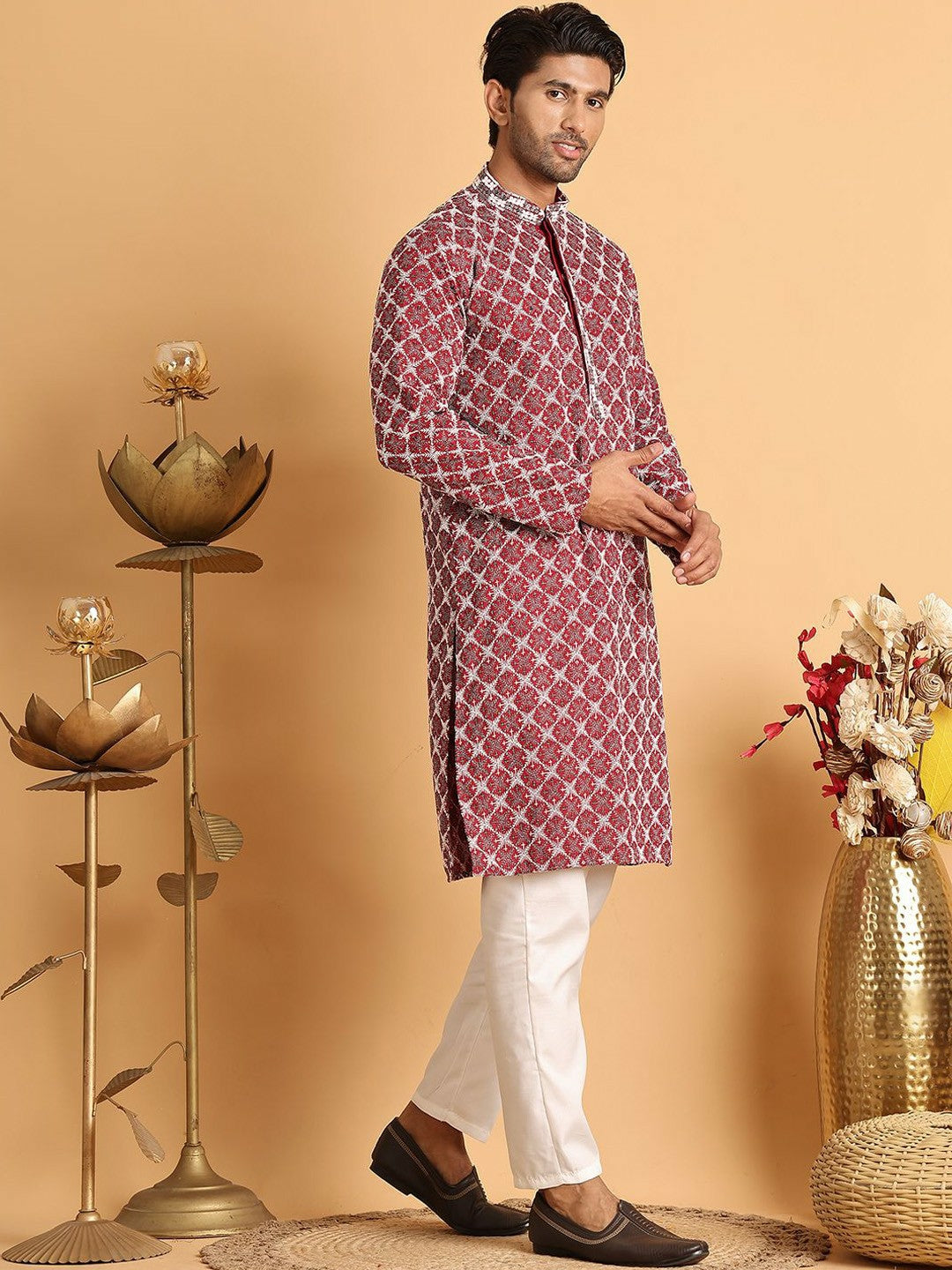 Buy Men’s Floral Embroidered Kurta Set with Pyjamas – Maroon | Indiaista