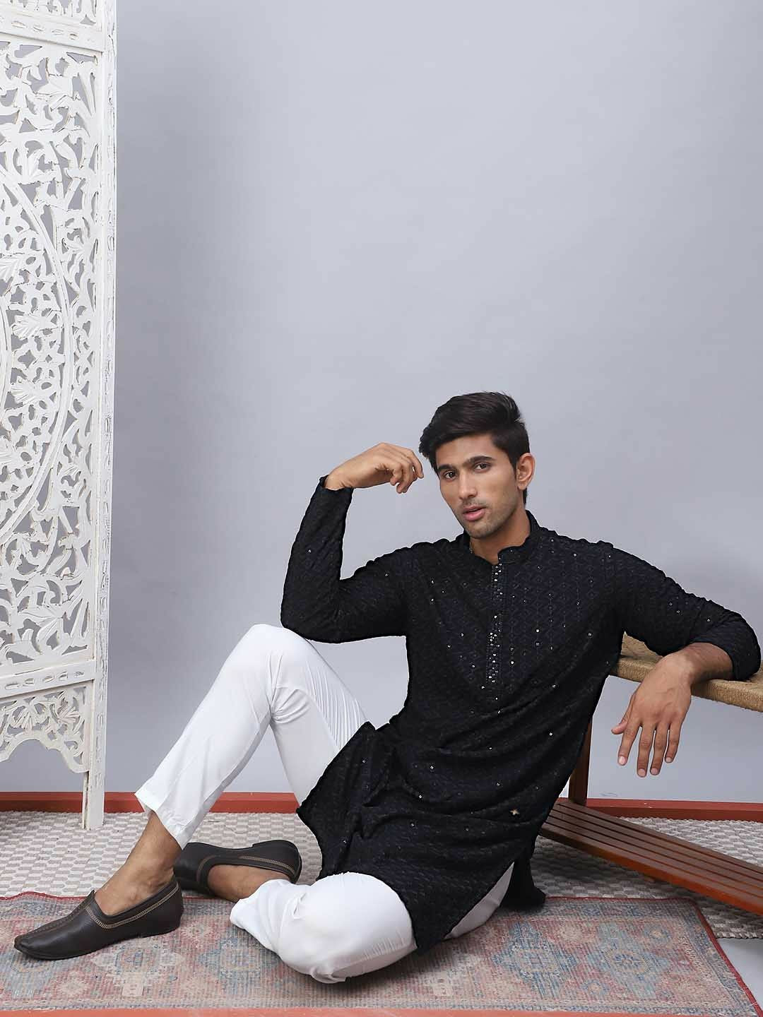 Men Black & White Embroidered Sequinned Kurta Set with Pyjamas - Floral Design, Band Collar, Viscose Rayon