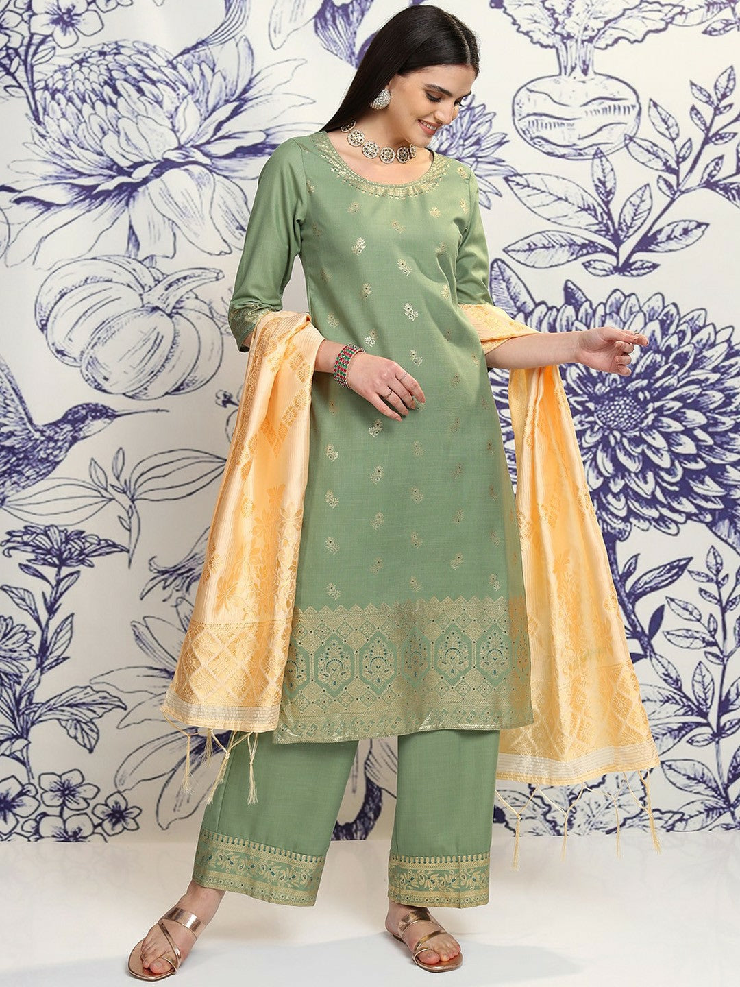 Green Ethnic Motifs Woven Kurta Set with Printed Palazzos & Dupatta - Stylish Women's Outfit | IndiaIsta