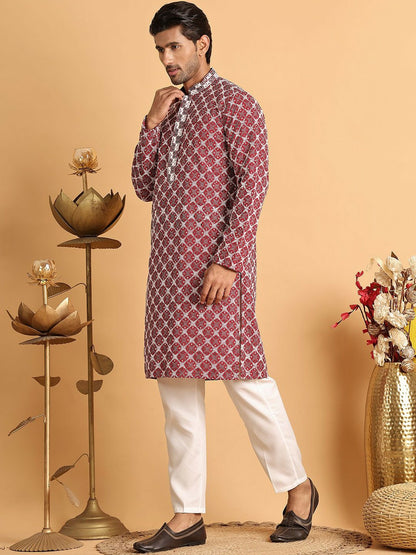 Buy Men’s Floral Embroidered Kurta Set with Pyjamas – Maroon | Indiaista