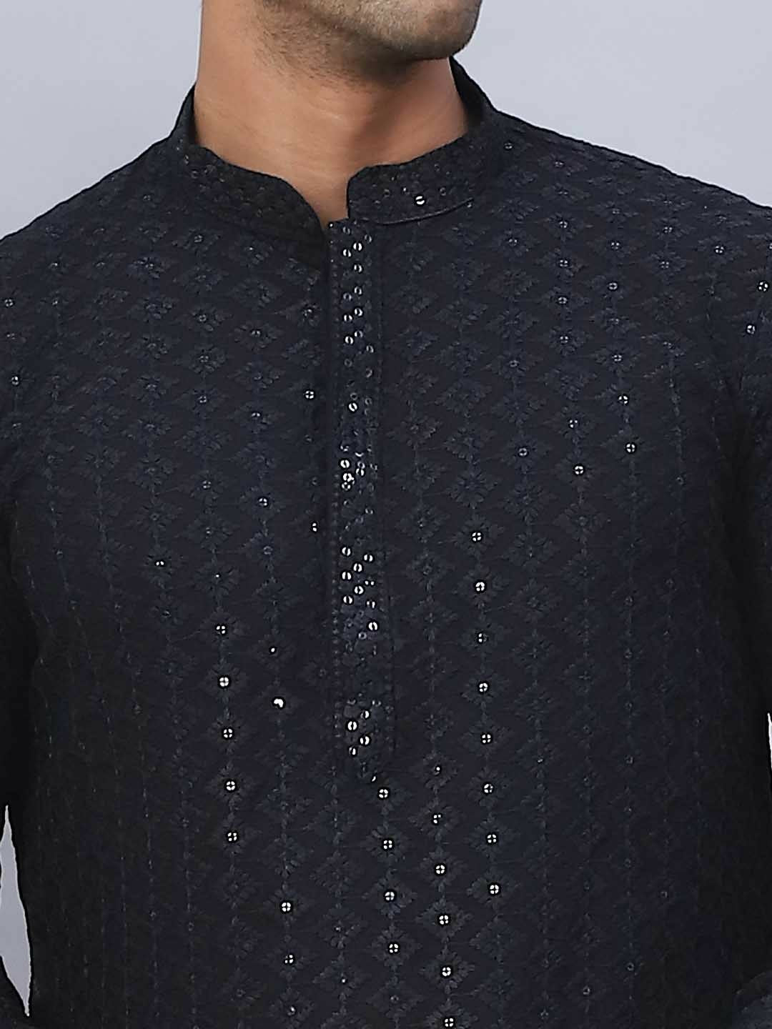 Men Black & White Embroidered Sequinned Kurta Set with Pyjamas - Floral Design, Band Collar, Viscose Rayon